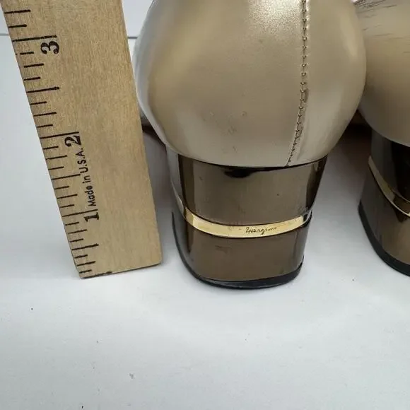 Salvatore Ferragamo Shoes Womens Size 8.5 Beige Leather Block Heel Pumps Italy
